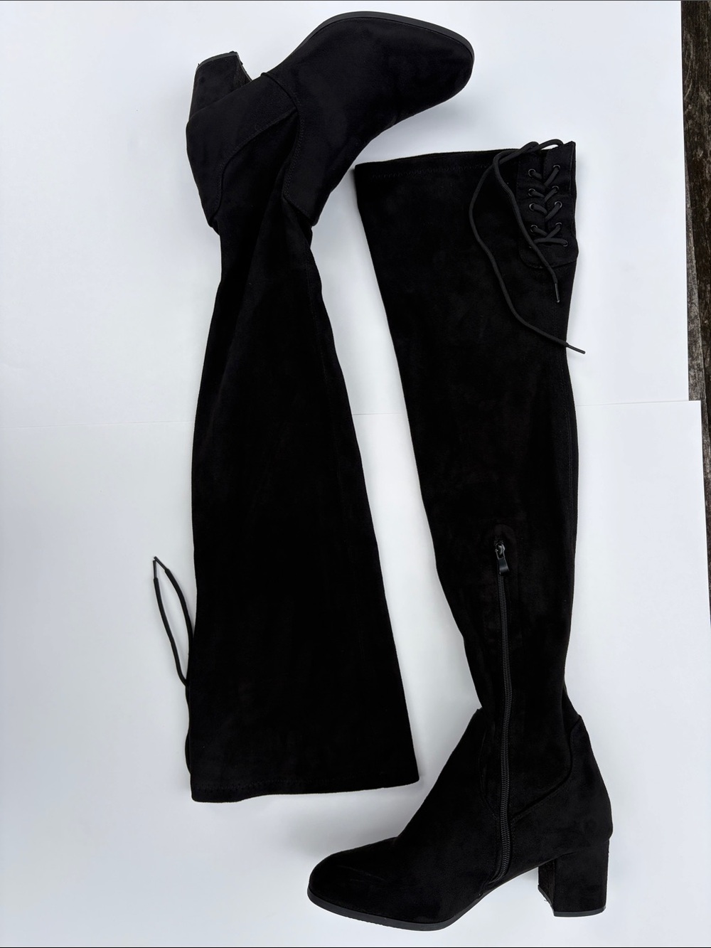 Sz 11 Dreampairs Black Over-the-Knee Adjustable Lace-Up Suede Boots